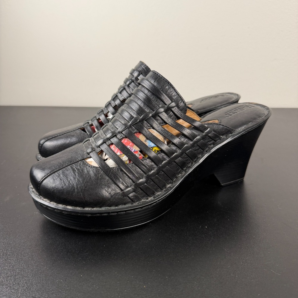 Børn Platform Mule Clogs Womens 10M Black Woven Leather Wedge Heels Slip On